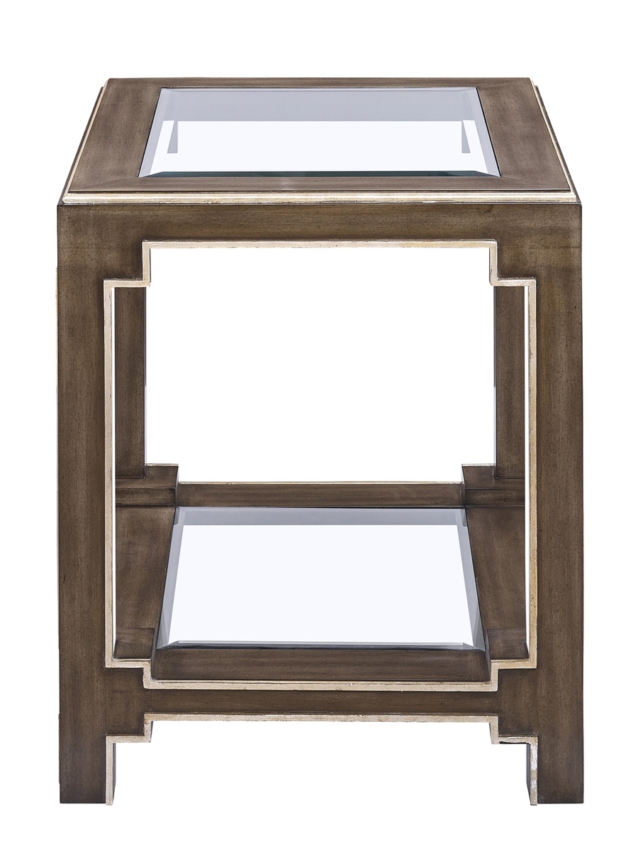 Bali&nbsp;End Table shown with:Latte&nbsp;finishVerona&nbsp;Silver&nbsp;finish trimTop and shelf with inset clear beveled glass