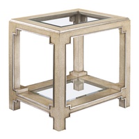 Bali&nbsp;End Table shown with:Oatmeal finishCashmere&nbsp;Silver&nbsp;finish trimTop and shelf with inset clear beveled glass