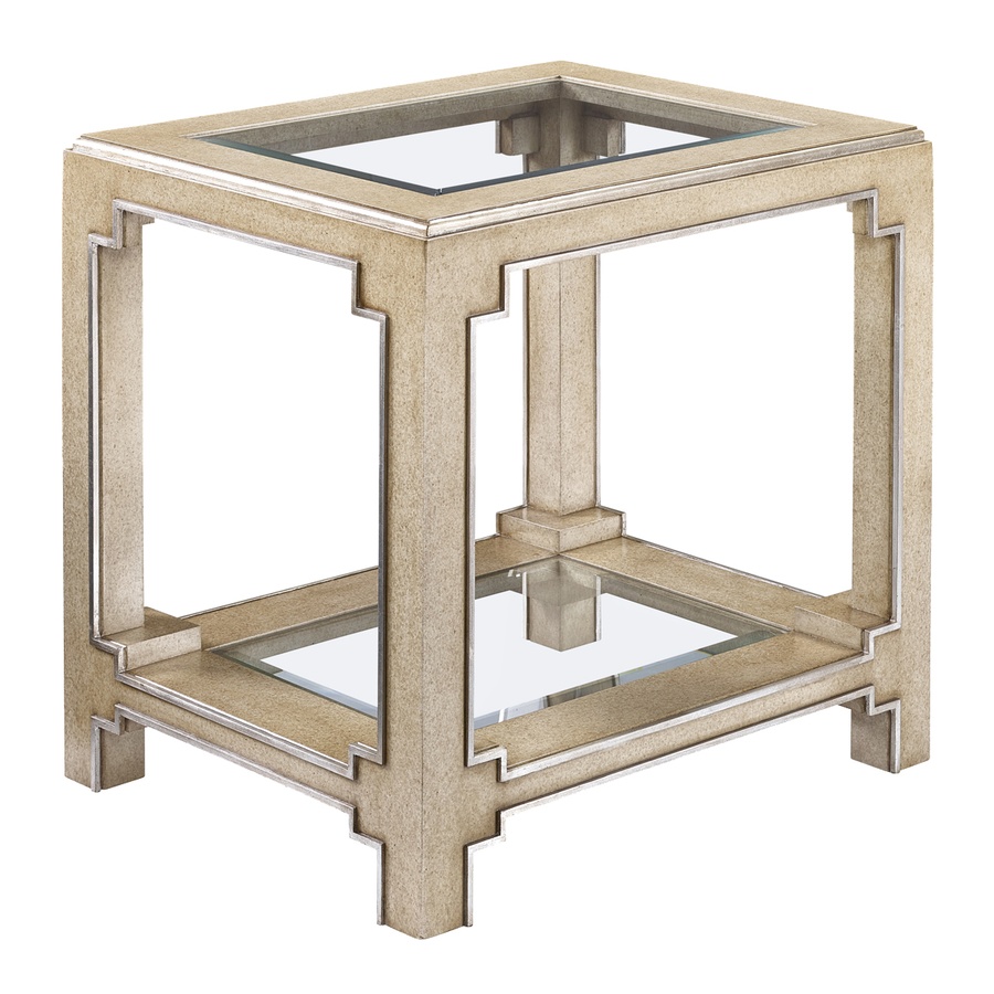 Bali&nbsp;End Table shown with:Latte&nbsp;finishVerona&nbsp;Silver&nbsp;finish trimTop and shelf with inset clear beveled glass