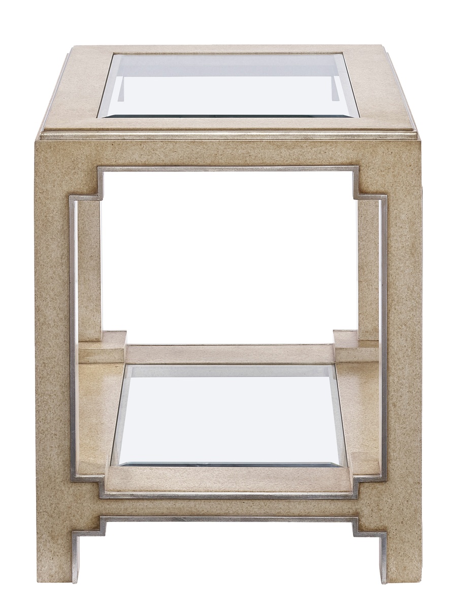 Bali&nbsp;End Table shown with:Latte&nbsp;finishVerona&nbsp;Silver&nbsp;finish trimTop and shelf with inset clear beveled glass