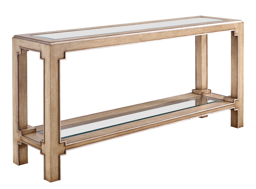 Bali&nbsp;Console shown with:Oatmeal finishCashmere&nbsp;Silver&nbsp;finish trimTop and shelf with inset clear beveled glass