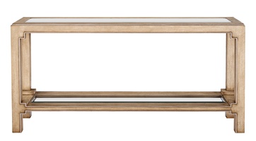 Bali&nbsp;Console shown with:Oatmeal finishCashmere&nbsp;Silver&nbsp;finish trimTop and shelf with inset clear beveled glass