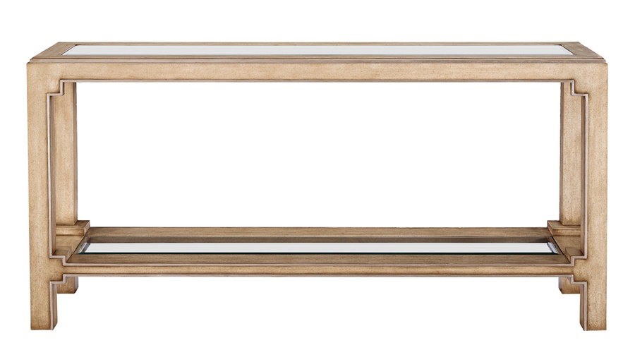 Bali&nbsp;Console shown with:Oatmeal finishCashmere&nbsp;Silver&nbsp;finish trimTop and shelf with inset clear beveled glass