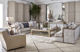 Bali&nbsp;Console shown with:Oatmeal finishCashmere&nbsp;Silver&nbsp;finish trimTop and shelf with inset clear beveled glass