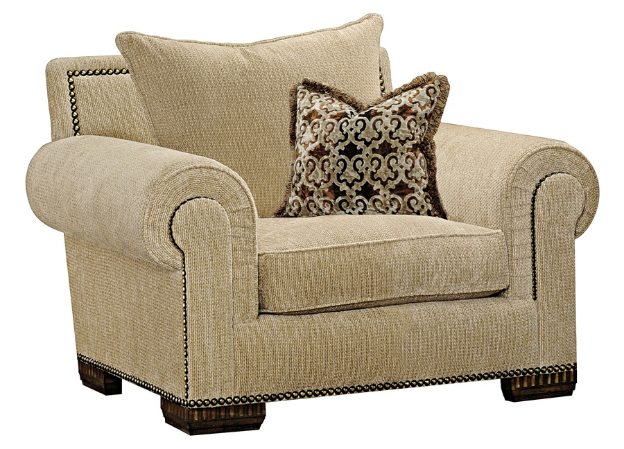 Bentley Lounge&nbsp;Chair shown with:Boxed&nbsp;cushion with self pencil welt at top and bottom of cushionBuilt-to-the-floor with wood legs in Old World Briar&nbsp;finishAntique Brass nailhead frame trim