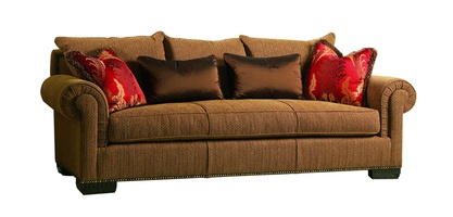 Bentley&nbsp;Sofa shown with:Boxed bench seatBuilt-to-the-floor base with finished wood legsOld World Orleans&nbsp;finish on legsAntique Brass nailhead frame trim