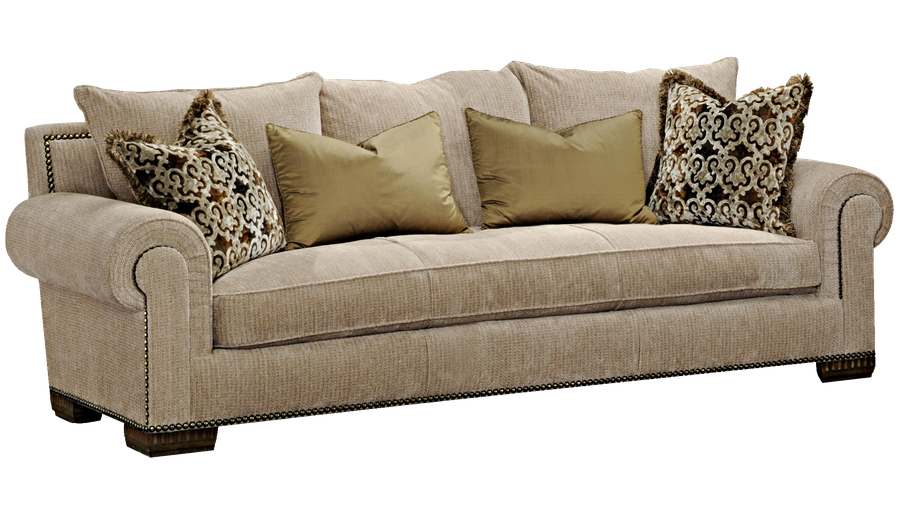 Bentley&nbsp;Sofa shown with: Boxed bench seatBuilt-to-the-floor baseOld World Briar finish on legsAntique Brass nailhead frame trim