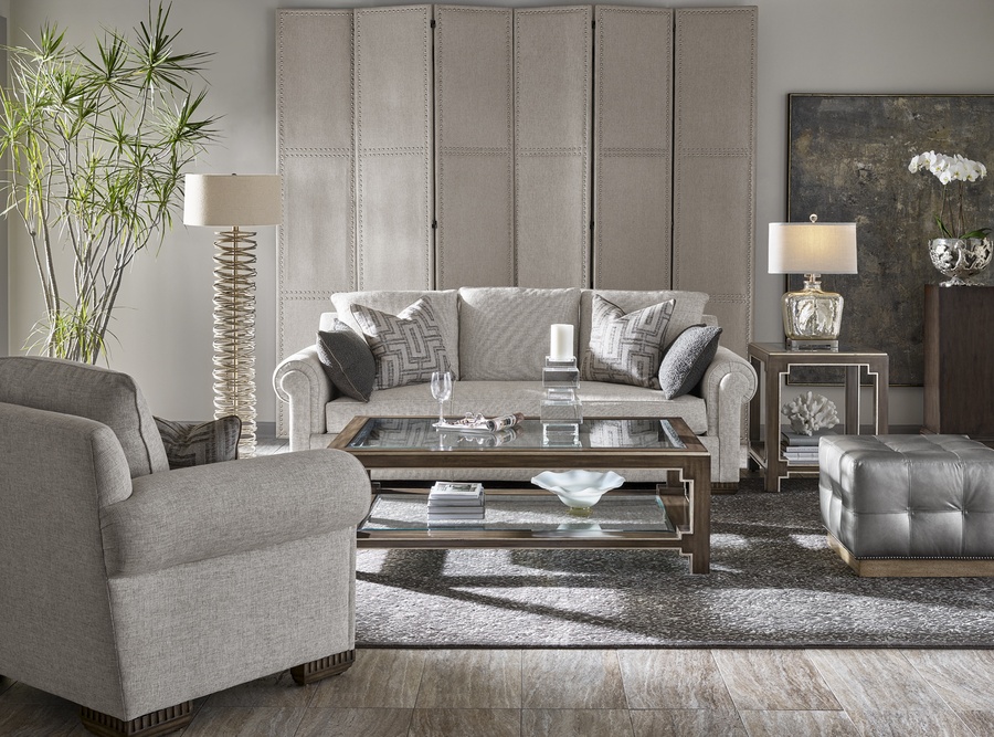 Bali&nbsp;End Table shown with:Latte&nbsp;finishVerona&nbsp;Silver&nbsp;finish trimTop and shelf with inset clear beveled glass