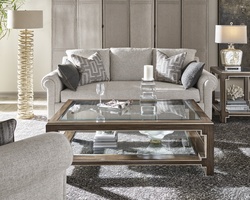 Bali&nbsp;End Table shown with:Latte&nbsp;finishVerona&nbsp;Silver&nbsp;finish trimTop and shelf with inset clear beveled glass