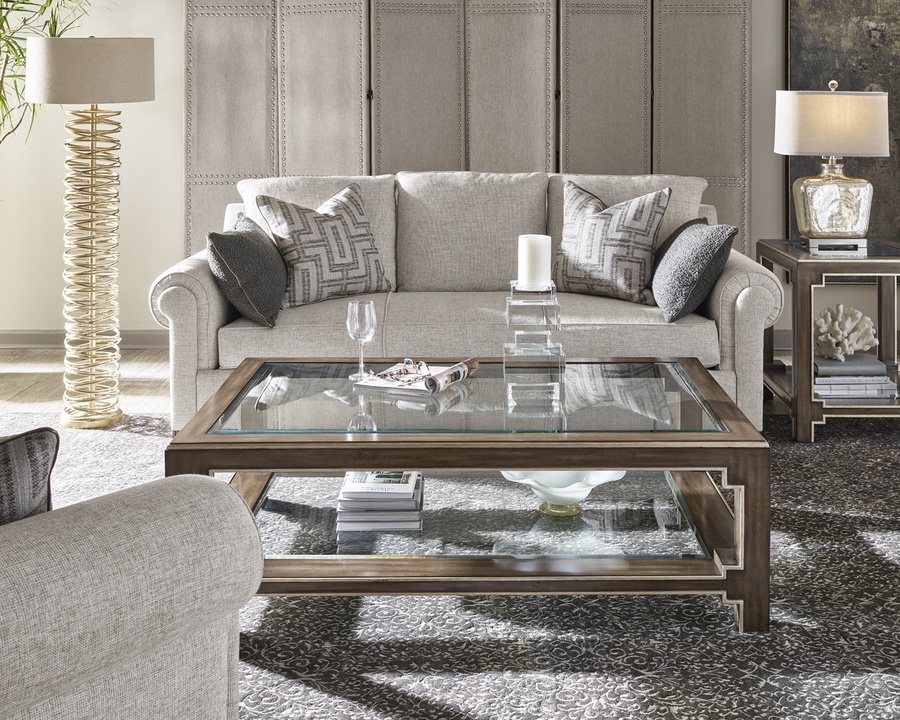 Bali&nbsp;End Table shown with:Latte&nbsp;finishVerona&nbsp;Silver&nbsp;finish trimTop and shelf with inset clear beveled glass