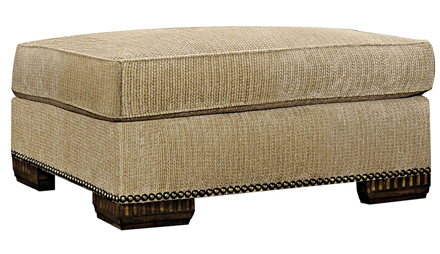 Bentley Ottoman&nbsp;shown with:Semi-attached boxed&nbsp;cushion with self pencil weltBuilt-to-the-floor with wood legs in Old World Briar&nbsp;finishAntique Brass nailhead frame trim