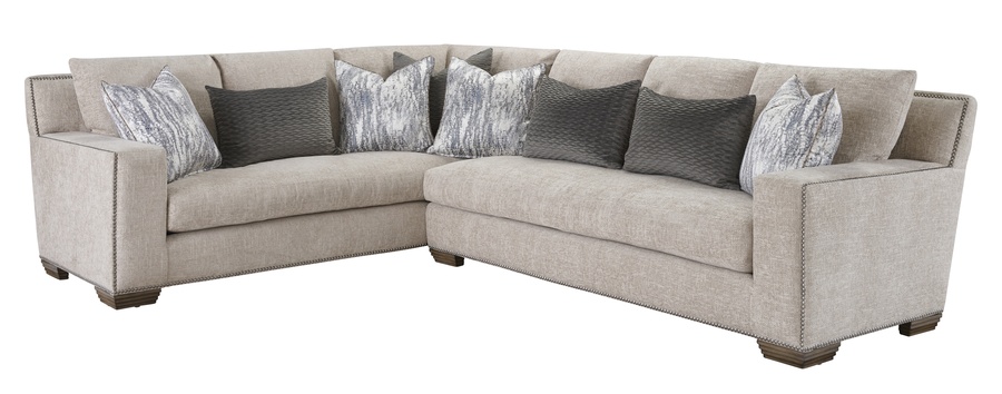 Bentley Sectional shown with:BY53L and BY73LBoxed bench seatTrack&nbsp;ArmBuilt-to-the-floor base with Wood LegsLatte&nbsp;finishGunmetal&nbsp;nailhead frame trim