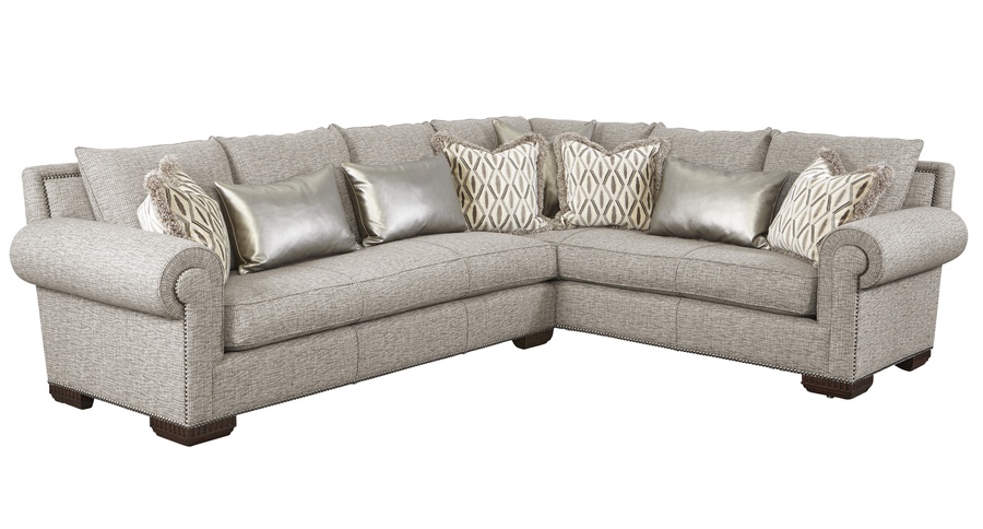 Bentley Sectional shown with:BY53S and BY73SBoxed bench seatBuilt-to-the-floor baseContemporary Havana finish on legsGunmetal nailhead frame trim