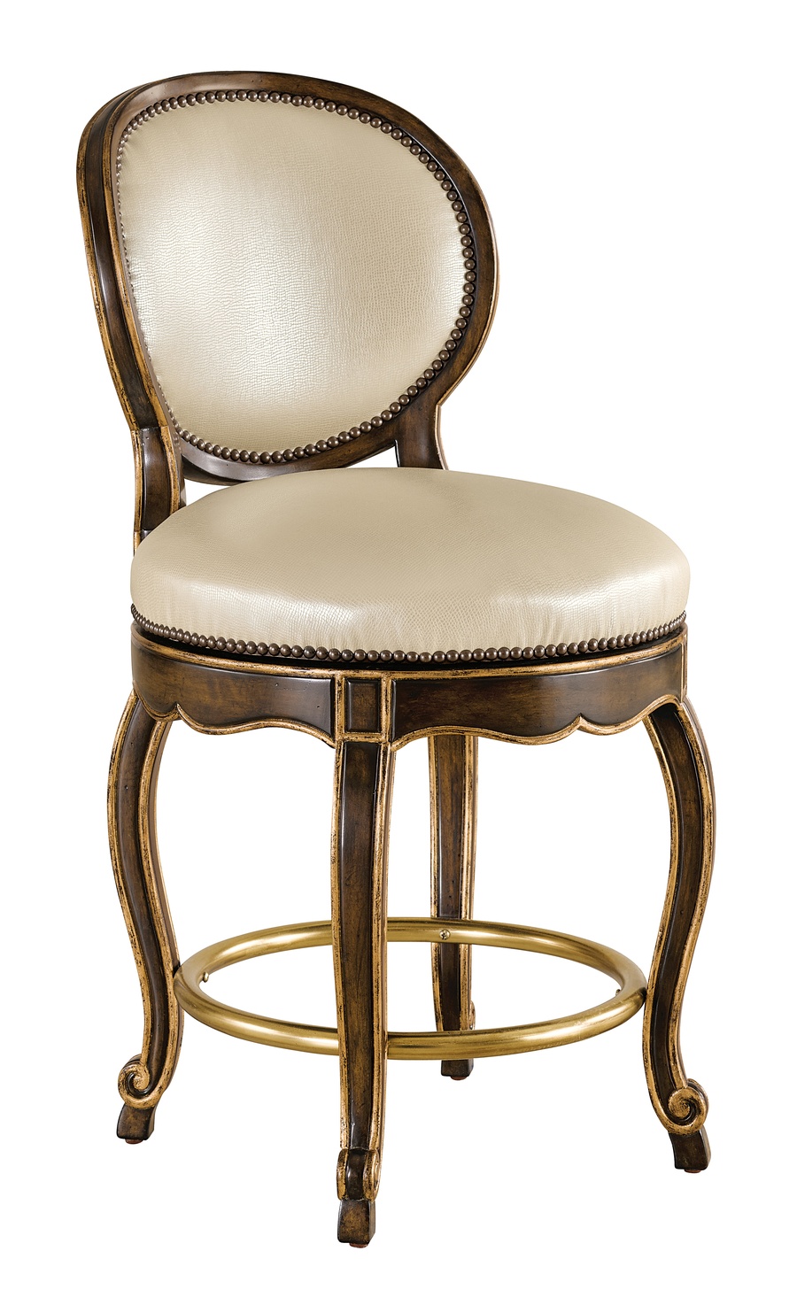 Aria Counter Stool shown with:Aria&nbsp;finishAged Gold finish trimAntique&nbsp;Brass&nbsp;footrestAntique Heritage nailhead frame trim