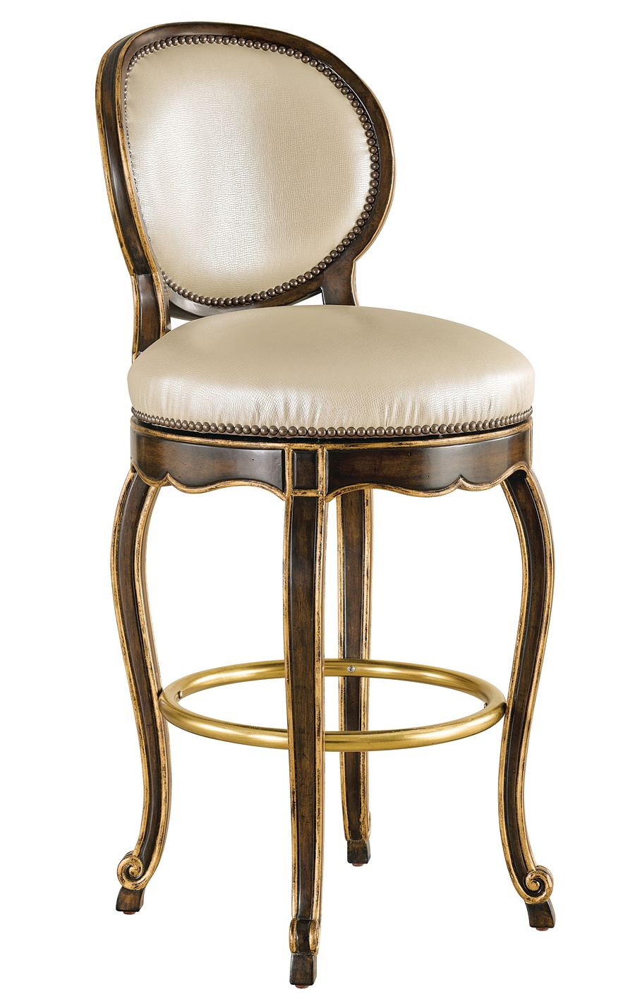 Aria Barstool shown with:Briar&nbsp;finishCashmere&nbsp;Gold&nbsp;finish trimAntique&nbsp;Brass&nbsp;footrestAntique&nbsp;Brass nailhead frame trim