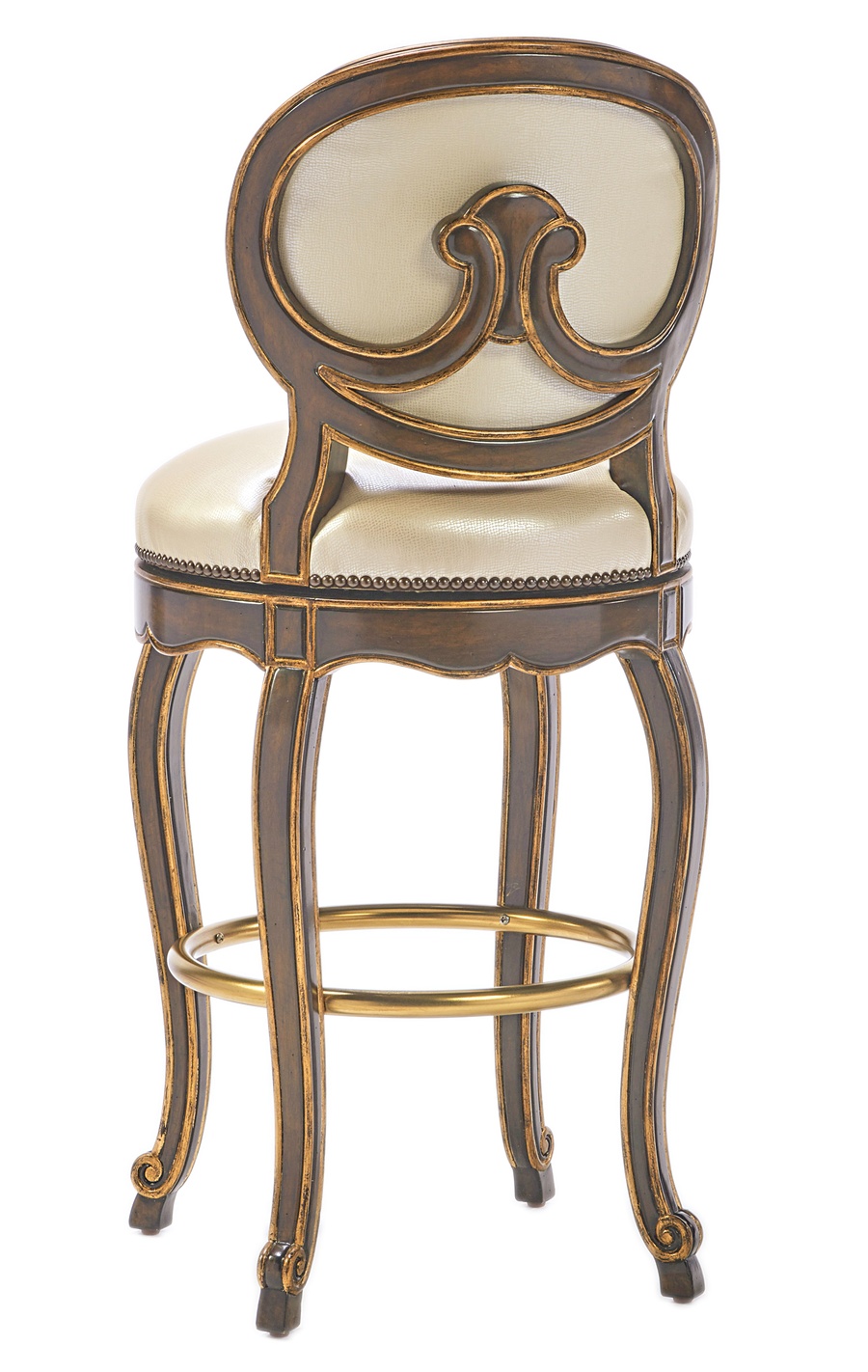 Aria Barstool shown with:Briar&nbsp;finishCashmere&nbsp;Gold&nbsp;finish trimAntique&nbsp;Brass&nbsp;footrestAntique&nbsp;Brass nailhead frame trim