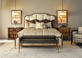 Cadence Panel Bed shown with:Cadence finishMetal Ferrules in&nbsp;Antique Brass finishMedium&nbsp;mottled nailhead spaced over Self Fabric tape
Headboard Fabric:&nbsp;Darling BeigeAlternate fabrics available