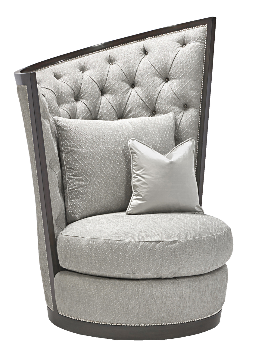 Calypso Chair shown with: Boxed cushion seatButton tufted back Bombay finishMerengue nailhead frame trim