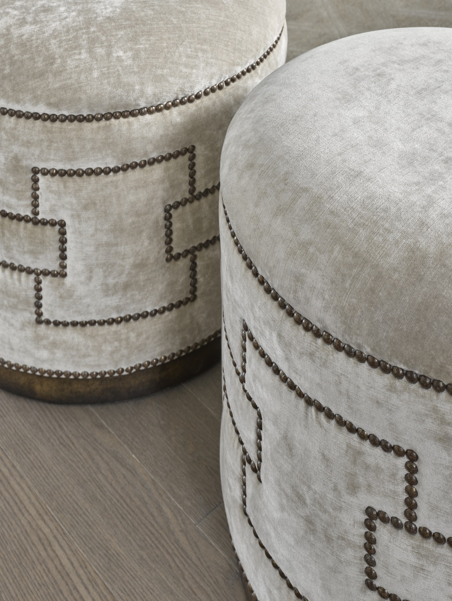 Carlton Ottoman&nbsp;shown with:Wood base in Dark Bay finishMottled nailhead frame trim in Square&nbsp;Link pattern