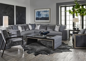 Cascade&nbsp;Cocktail Table shown with:Ebony&nbsp;finish with&nbsp;Aged Silver finish trimClear Mirror topBox Quilted&nbsp;upholstery