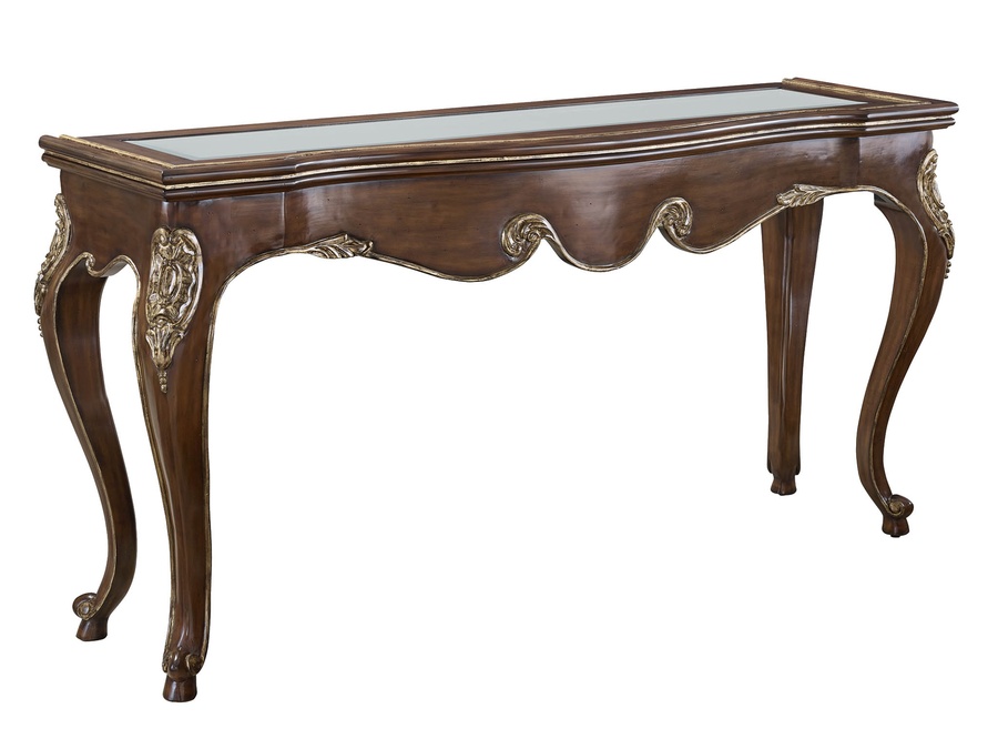 Calais Console&nbsp;shown with:Briar&nbsp;finishAged&nbsp;Gold&nbsp;finish trimInset clear&nbsp;glass top with beveled edge&nbsp;