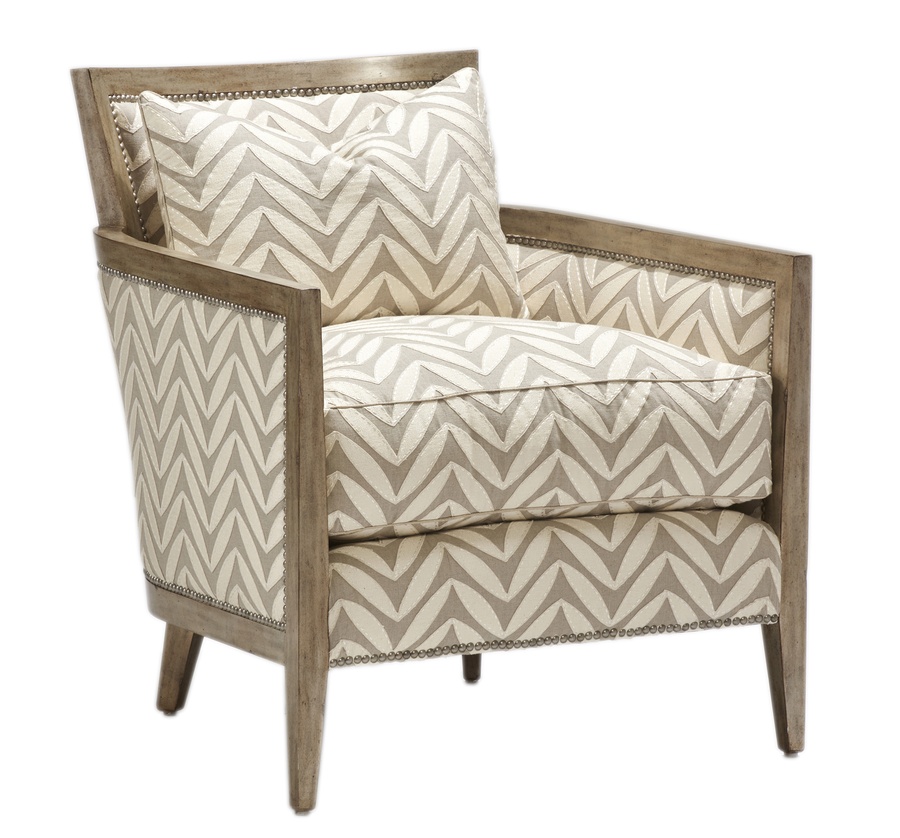 Calistoga&nbsp;Chair&nbsp;shown with:Boxed seat cushionSilver Cloud&nbsp;finishPewter&nbsp;nailhead frame trim