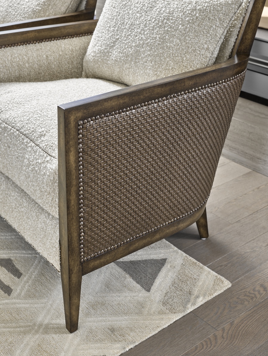 Calistoga&nbsp;Chair&nbsp;shown with:Boxed seat cushionSilver Cloud&nbsp;finishPewter&nbsp;nailhead frame trim