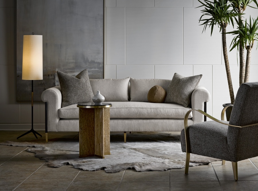 Collins&nbsp;Sofa shown with:Boxed bench seatBombay finishSatin Brass finish on dcecorative ferrules