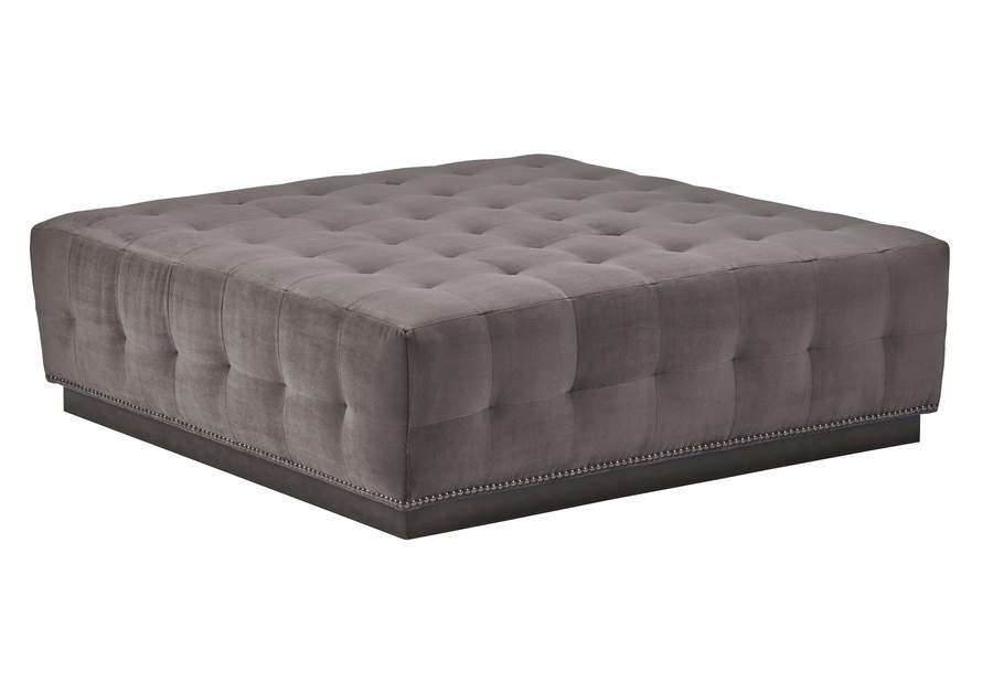 Coronado Ottoman shown with:Box Quilted Tight SeatPlinth Base in Dark Bay finishGunmetal nailhead frame trim56" sq.