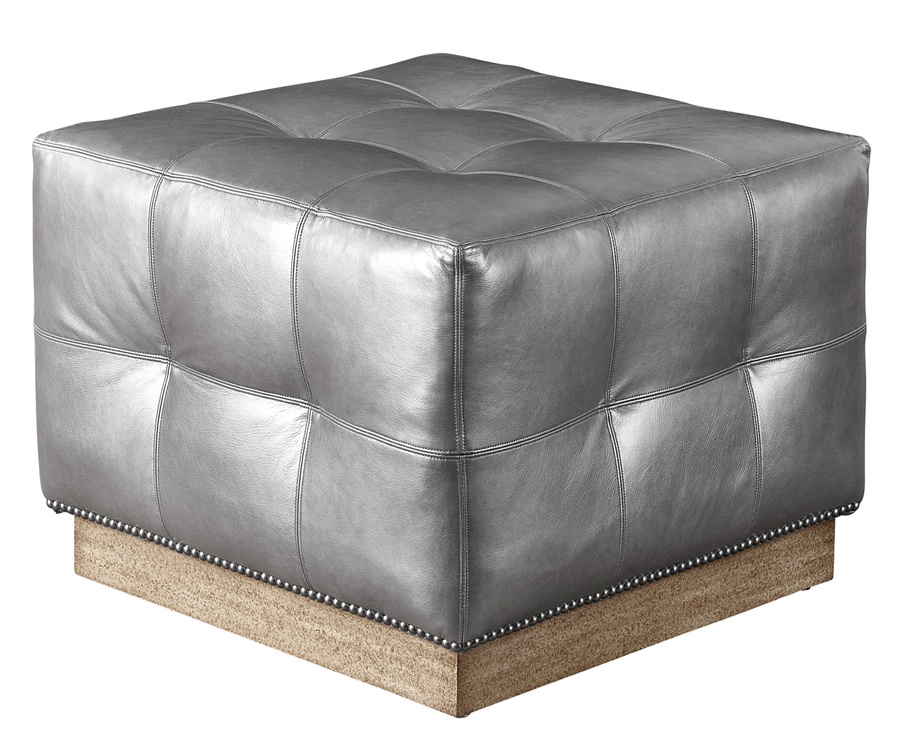 Coronado Ottoman shown with:Box Quilted Tight SeatPlinth Base in Dark Bay finishGunmetal nailhead frame trim56" sq.