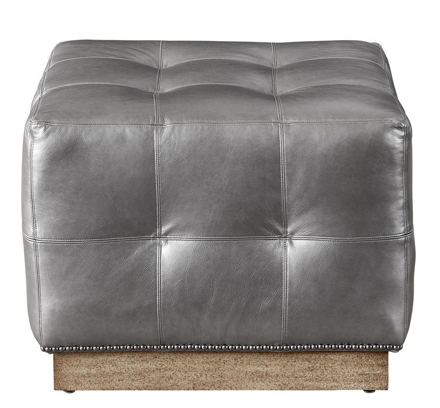 Coronado Ottoman shown with:Box Quilted Tight SeatPlinth Base in Dark Bay finishGunmetal nailhead frame trim56" sq.