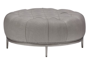 Coronado Ottoman shown with:Diamond Tufted Tight SeatExposed Wood Legs in Cashmere Silver&nbsp;finishPewter&nbsp;nailhead frame trim40" diameter
