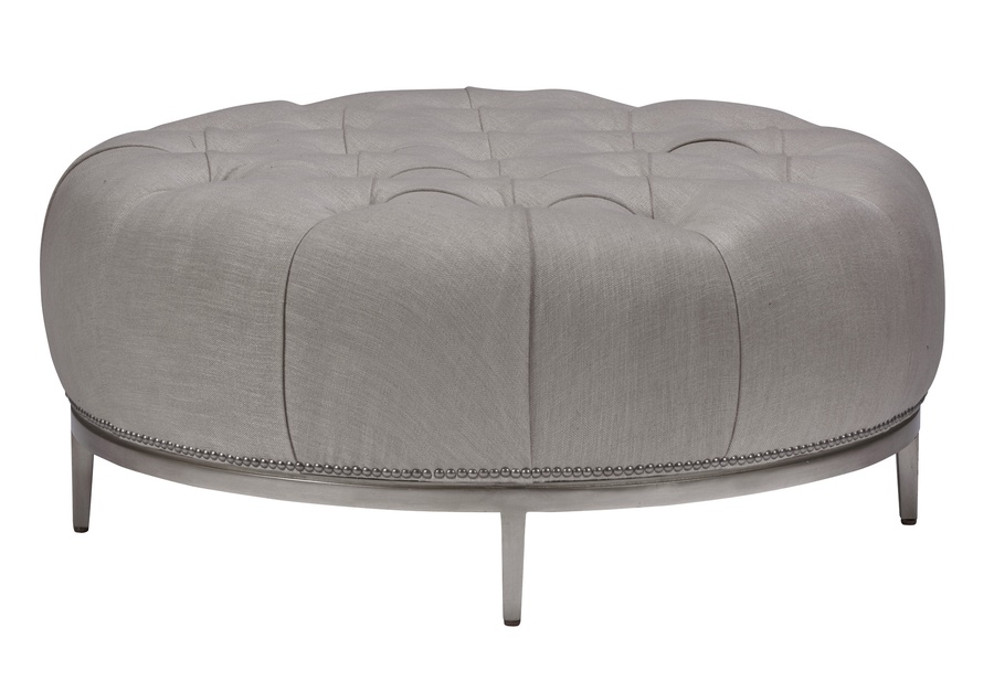 Coronado Ottoman shown with:Box Quilted&nbsp;Tight SeatBuilt-to-the-Floor basPewter&nbsp;nailhead frame trim48" diameter