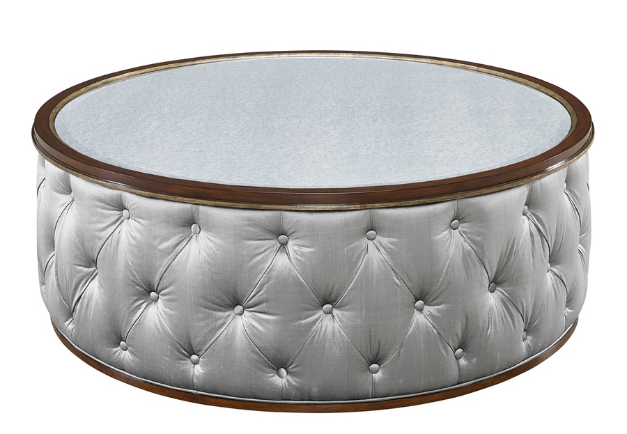 Cascade Cocktail Table shown with:Contemporary Briar finishAged Medici finish trimAntique Mirror topDiamond Tufted upholstery style