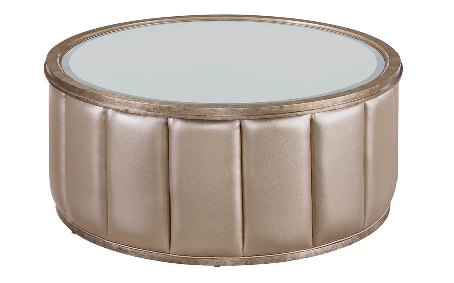 Cascade Cocktail Table shown with:Burnished Silver finishClear Mirror topChanneled upholstery