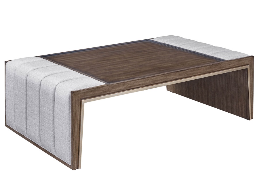 Cascade Cocktail Table shown with:Latte finish with Burnished Silver finish trimChanneled upholstery