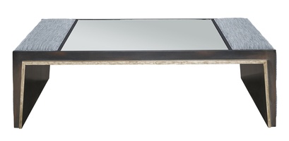 Cascade&nbsp;Cocktail Table shown with:Ebony&nbsp;finish with&nbsp;Aged&nbsp;Silver finish trimClear Mirror topBox Quilted&nbsp;upholstery