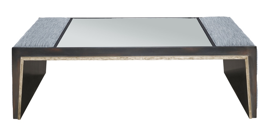 Cascade Cocktail Table shown with:Latte finish with Burnished Silver finish trimChanneled upholstery