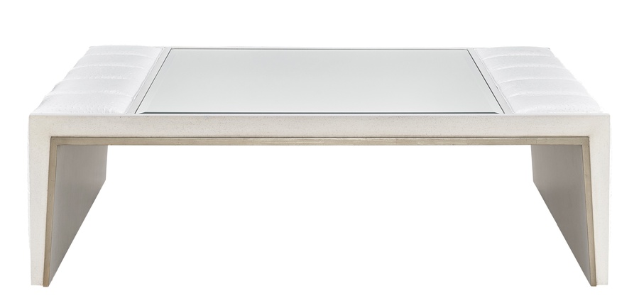 Cascade Cocktail Table shown with:Latte finish with Burnished Silver finish trimChanneled upholstery
