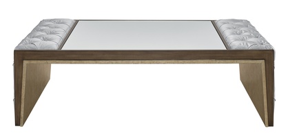Cascade&nbsp;Cocktail Table shown with:Latte&nbsp;finishBurnished&nbsp;Silver finish trim and inside legClear Mirror topDiamond Tufted&nbsp;upholstery