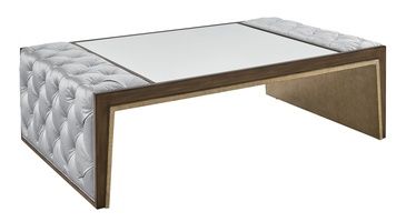 Cascade&nbsp;Cocktail Table shown with:Latte&nbsp;finishBurnished&nbsp;Silver finish trim and inside legClear Mirror topDiamond Tufted&nbsp;upholstery