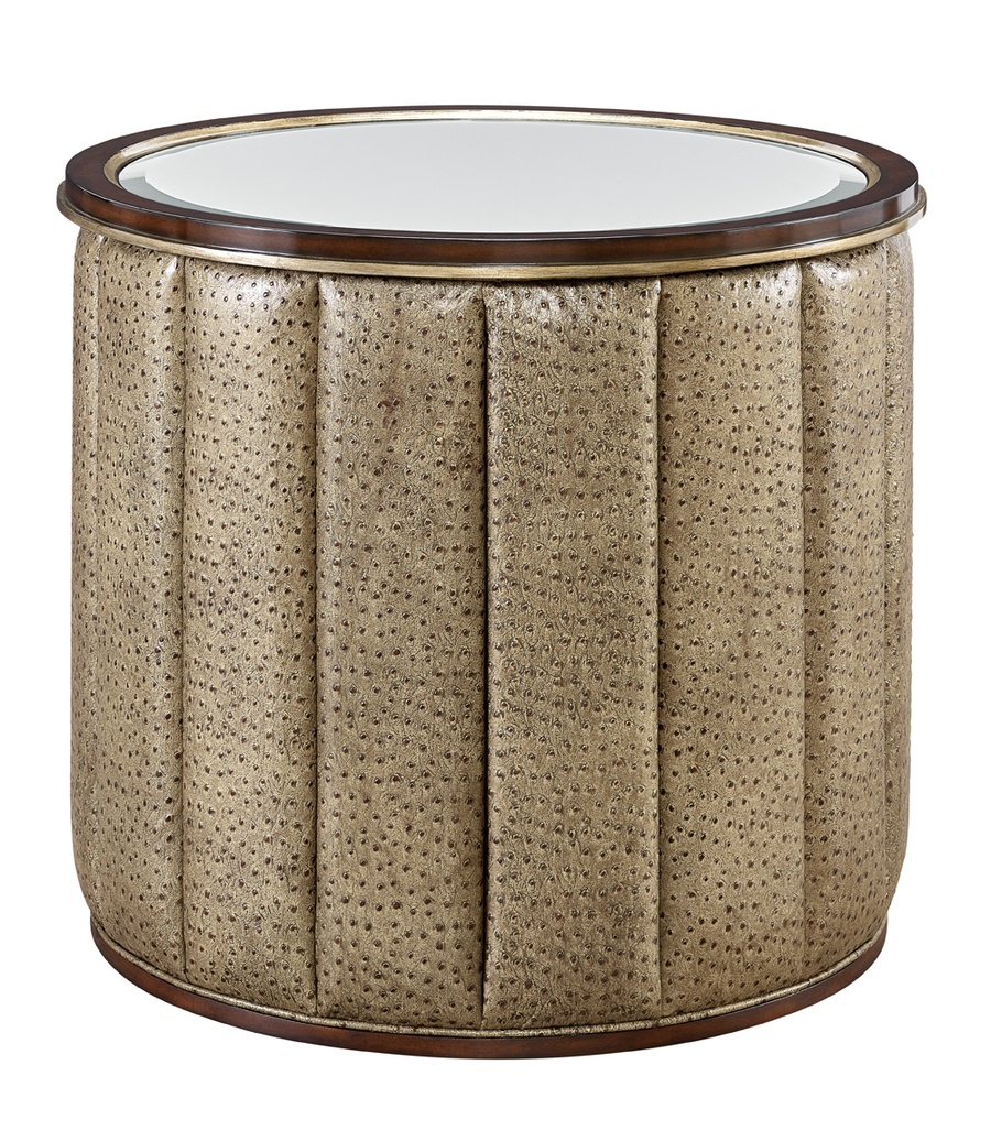Cascade End Table shown with:Twilight&nbsp;finish with&nbsp;Aged&nbsp;Medici&nbsp;finish trimClear Mirror topChanneled upholstery