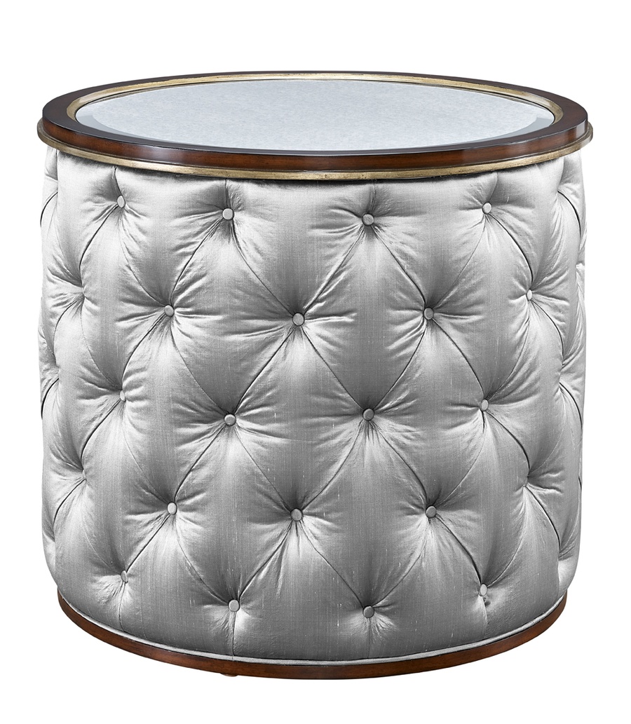 Cascade End Table shown with:Twilight&nbsp;finish with&nbsp;Aged&nbsp;Medici&nbsp;finish trimClear Mirror topChanneled upholstery