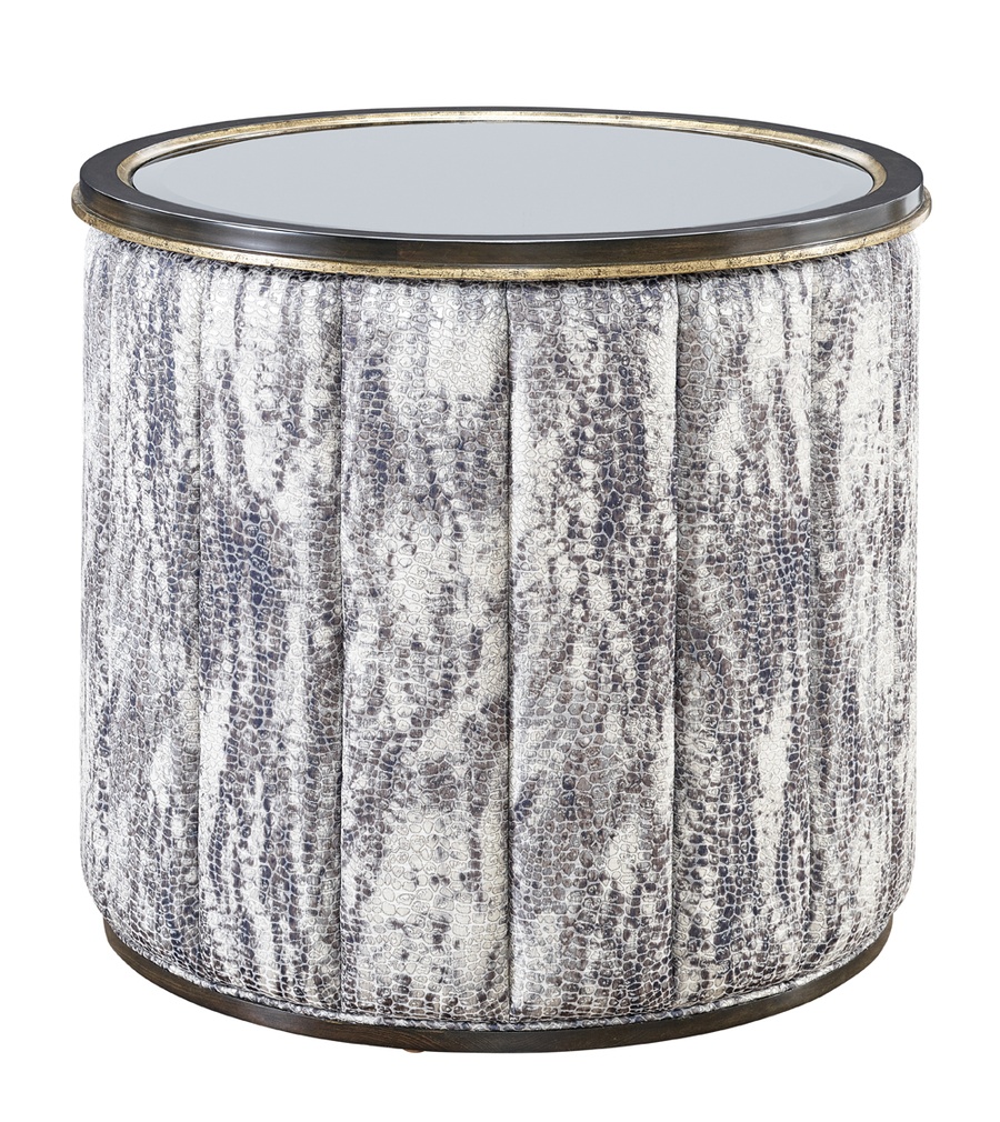 Cascade End Table shown with:Twilight&nbsp;finish with&nbsp;Aged&nbsp;Medici&nbsp;finish trimClear Mirror topChanneled upholstery
