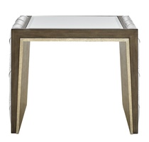 Cascade End Table shown with:Latte&nbsp;finishBurnished Silver&nbsp;finish trim and inside legClear Mirror topDiamond Tufted&nbsp;upholstery