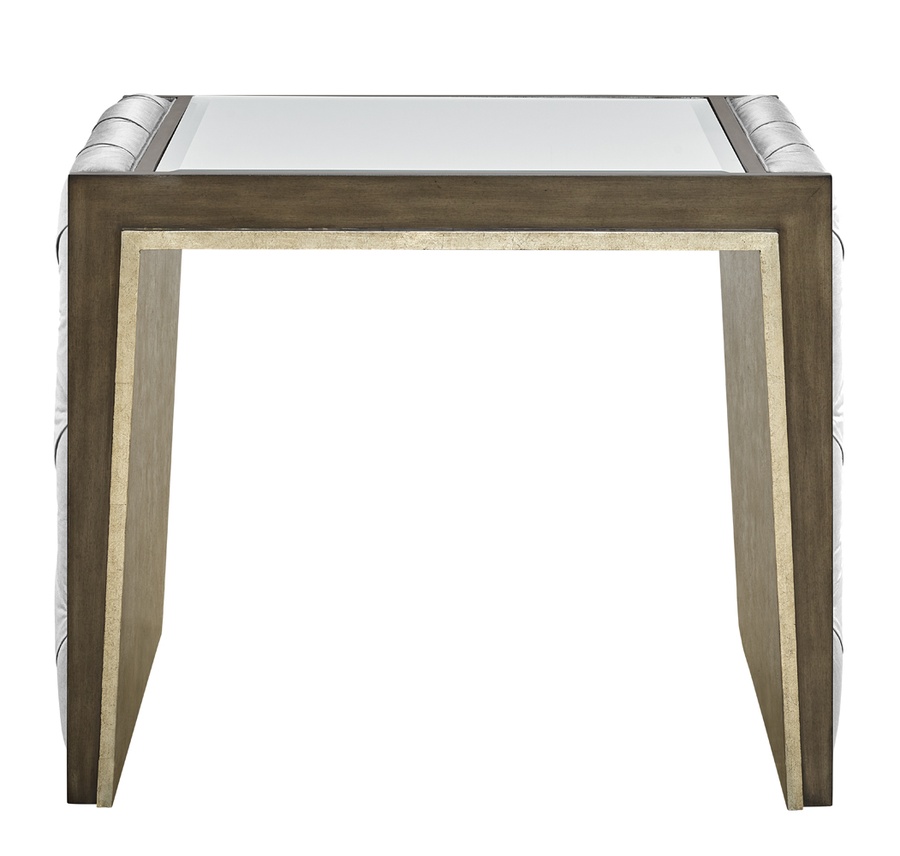 Cascade End Table shown with:Ebony&nbsp;finish with Aged&nbsp;Silver&nbsp;finish trimClear Mirror topBox Quilted&nbsp;upholstery
