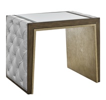 Cascade End Table shown with:Latte&nbsp;finishBurnished Silver&nbsp;finish trim and inside legClear Mirror topDiamond Tufted&nbsp;upholstery