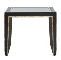Cascade End Table shown with:Ebony&nbsp;finish with&nbsp;Aged&nbsp;Silver&nbsp;finish trimClear Mirror topBox Quilted&nbsp;upholstery