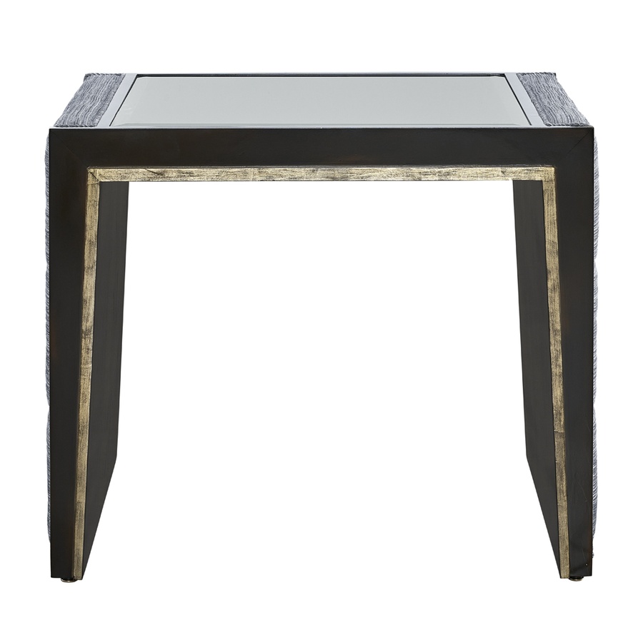 Cascade End Table shown with:Ebony&nbsp;finish with Aged&nbsp;Silver&nbsp;finish trimClear Mirror topBox Quilted&nbsp;upholstery