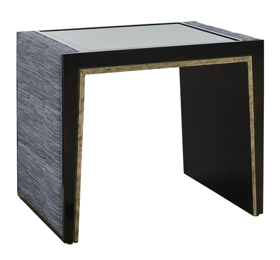 Cascade End Table shown with:Ebony&nbsp;finish with Aged&nbsp;Silver&nbsp;finish trimClear Mirror topBox Quilted&nbsp;upholstery